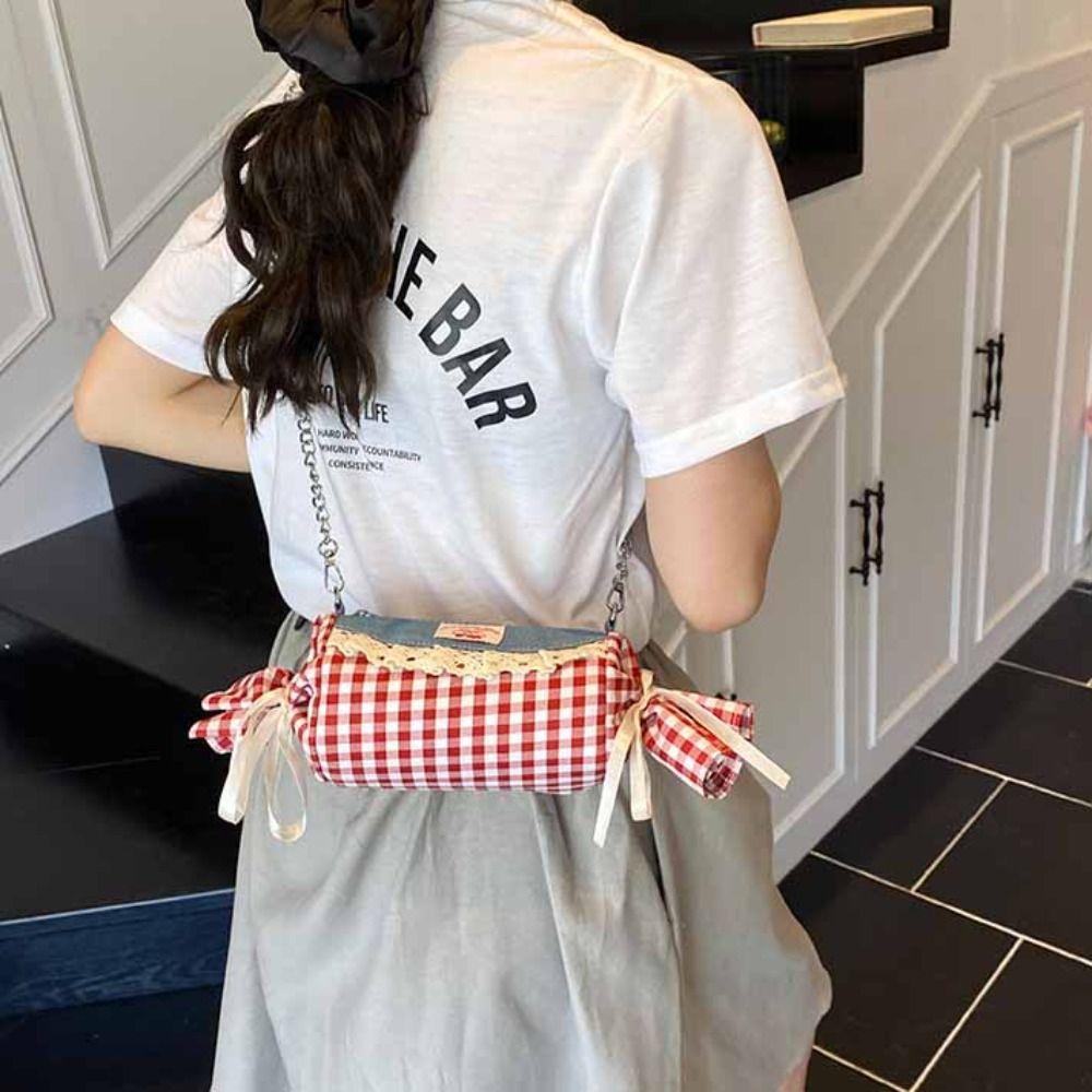 Metal Chain Candy Shape Bag Cherry Denim Lace Shoulder Bag Sweet Red Plaid Crossbody Bag  Travel