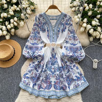 Весна-лето Женские однобортные мини-короткие пляжные платья с V-образным вырезом и ретро-принтом с поясом