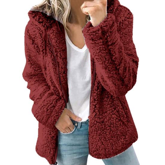 Women Winter Sherpa Fleece Short Jacket Hooded Zipper Cardigan Coat Warm Casual Solid