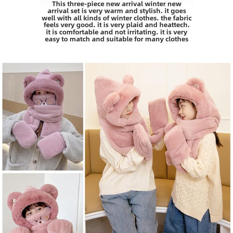 Осенне-зимняя шапка-медведь, женский комплект из четырех предметов: шарф и перчатки, милая теплая шапка, детская плюшевая шапка, защищающая от холода и ветра