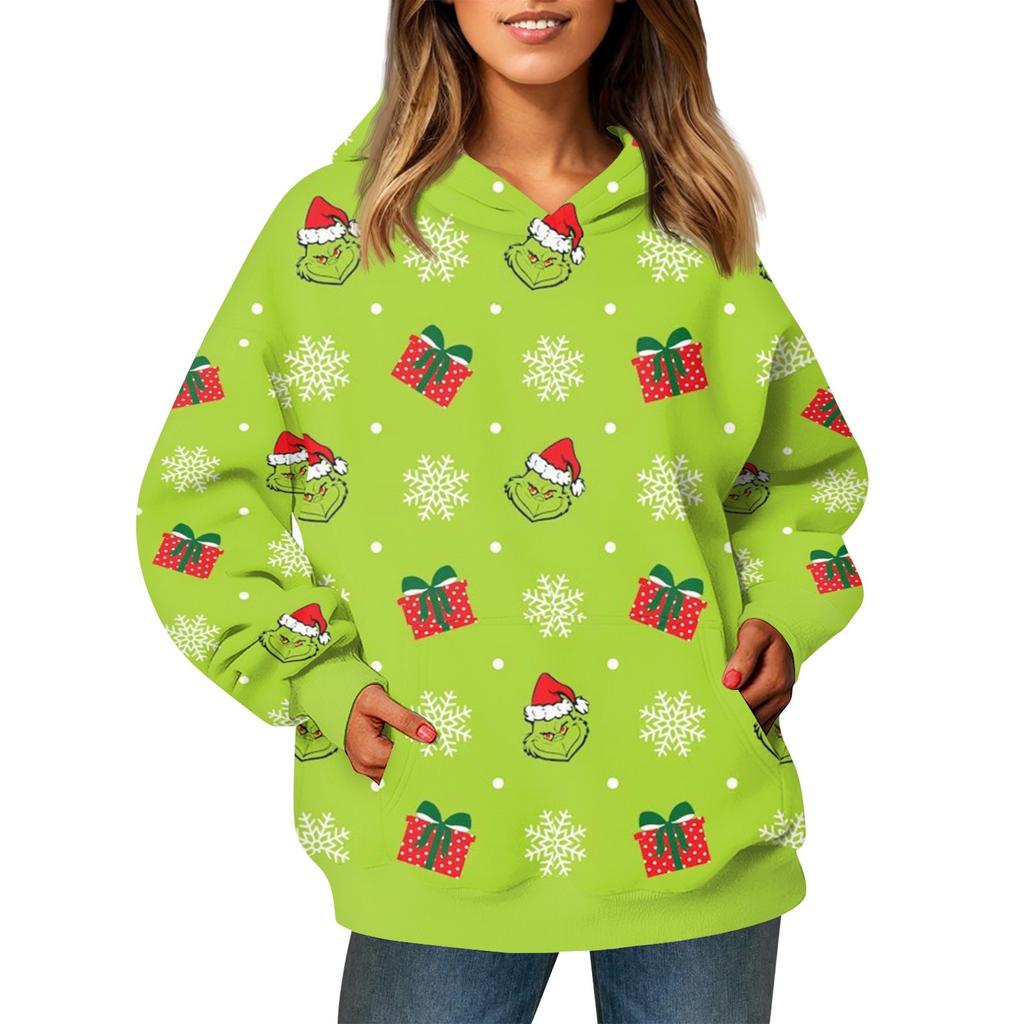 Женский модный свитер с длинными рукавами и рождественским принтом, с капюшоном и карманом