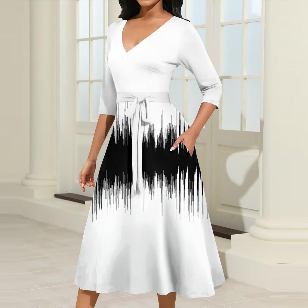 Женское повседневное модное платье миди с V-образным вырезом и рукавом три четверти