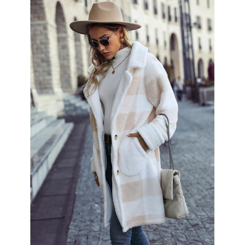 Womens Plaid Wool Blend Long Coat Single Breasted Notched Lapel Oversized Casual Winter Outerwear
