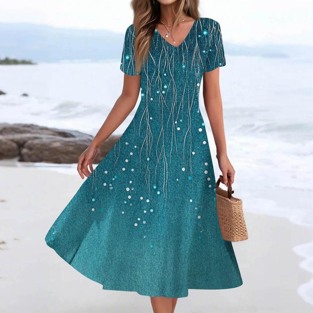 Женское летнее повседневное модное платье с принтом и карманом, коротким рукавом и V-образным вырезом