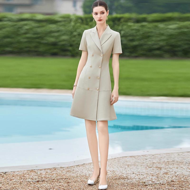 Chic Double-Breasted Slimming Summer Work Dress with Suit Collar and Short Sleeves