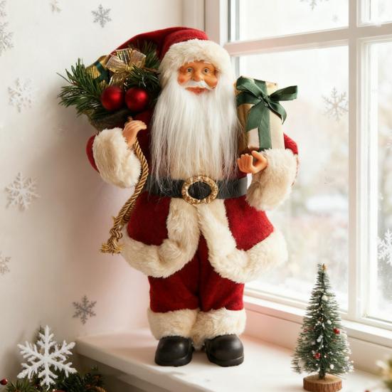 12" Christmas Santa Figurines Standing Santa Claus Doll with Present Box for Holiday Party Window Home Desktop Decoration