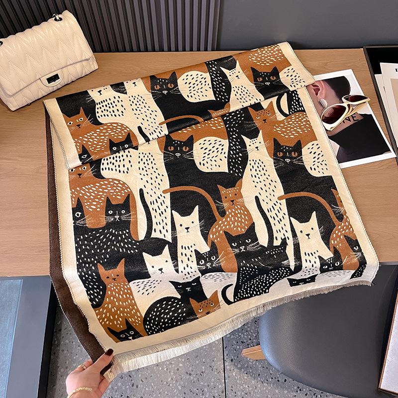 Cartoon Cat Contrasting Colors Double-Sided Imitation Cashmere Scarf Winter High-End Warm Shawl Women