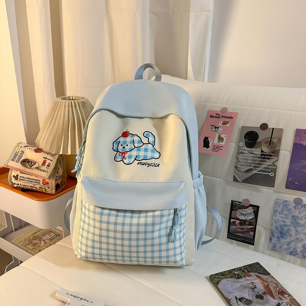 Schoolbag Korean in milk blue cute small fresh plaid backpack high value cartoon embroidery puppy girl backpack