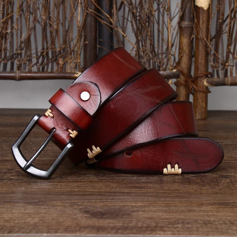 Мужской ремень ручной работы из состаренной воловьей кожи в стиле ретро с пряжкой в корейском стиле, модный джинсовый ремень