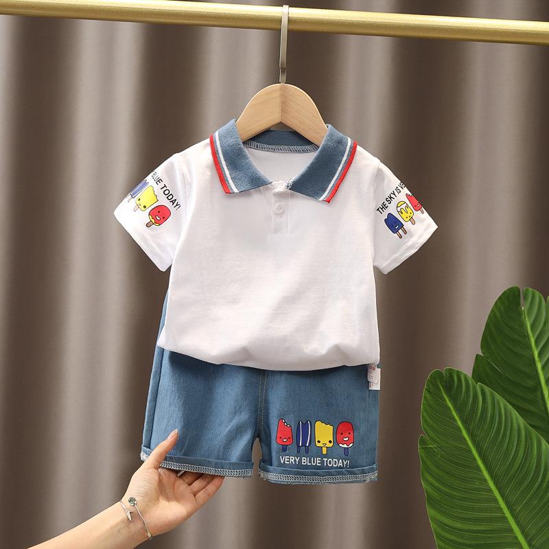 Classic Animal Baby Short Sleeved Set, Boys and Girls Short Sleeved T-shirt Set, Cartoon Bear Collar T-shirt Set