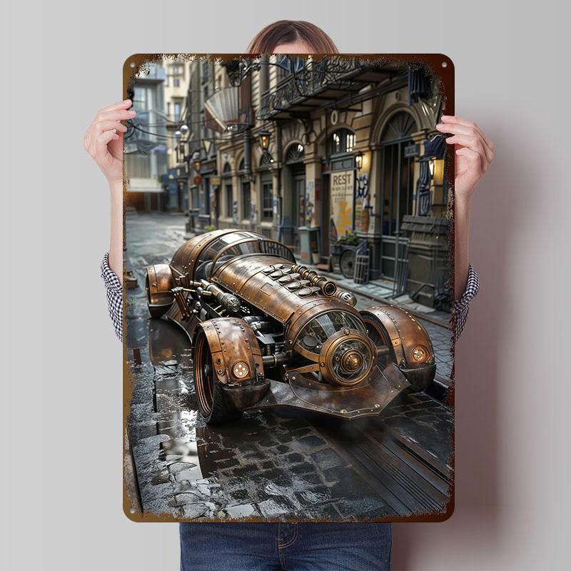 Автомобиль в стиле стимпанк в городе Жестяной плакат Индивидуальное настенное искусство Винтажные металлические знаки Ретро жестяная табличка для декора спальни Игровой