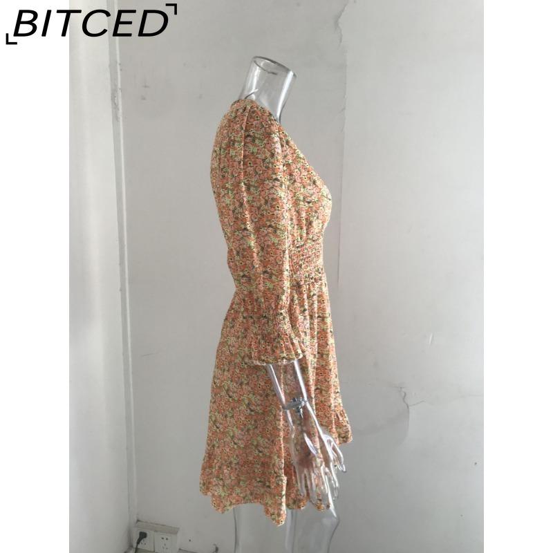 BITCED Летние мини-платья с цветочным принтом, женское винтажное сексуальное платье А-силуэта с V-образным вырезом и короткими рукавами, женское повседневное элегантное пляжное платье