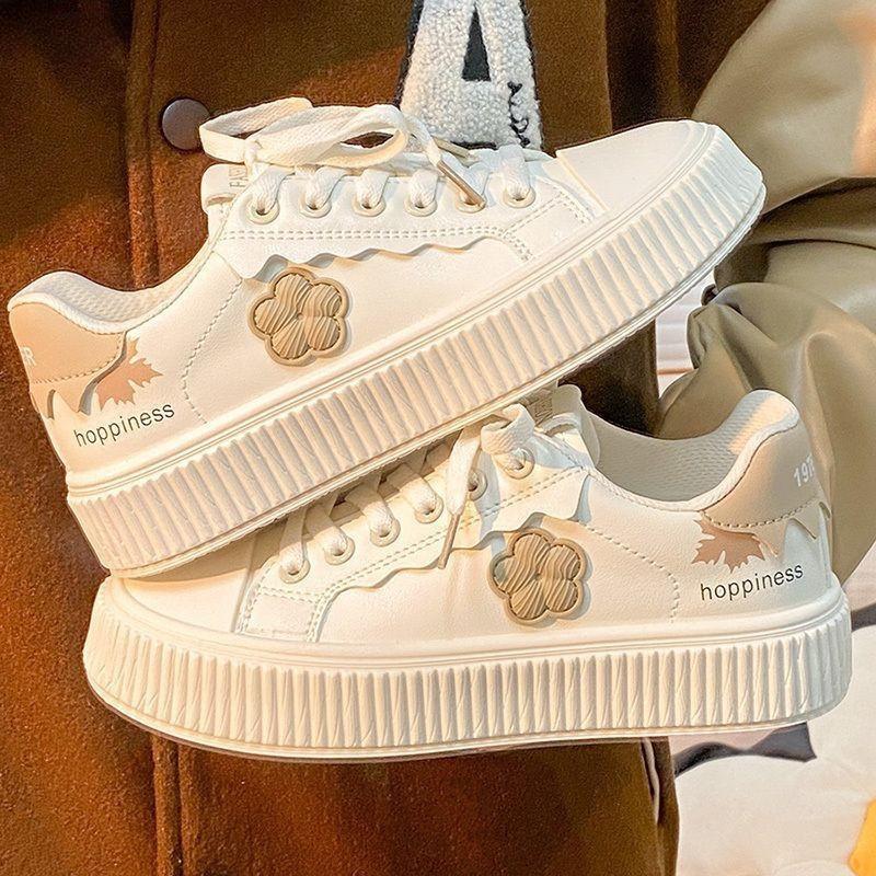 Thick-soled Small Flower Board Shoes Children's Spring and Autumn New Ins Trendy Leather Surface Versatile Casual Little White Shoes