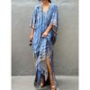 Plus Size Boho Cover Up, Women's Plus Striped Batwing Sleeve V Neck Split Maxi Kaftan Cover Up Dress