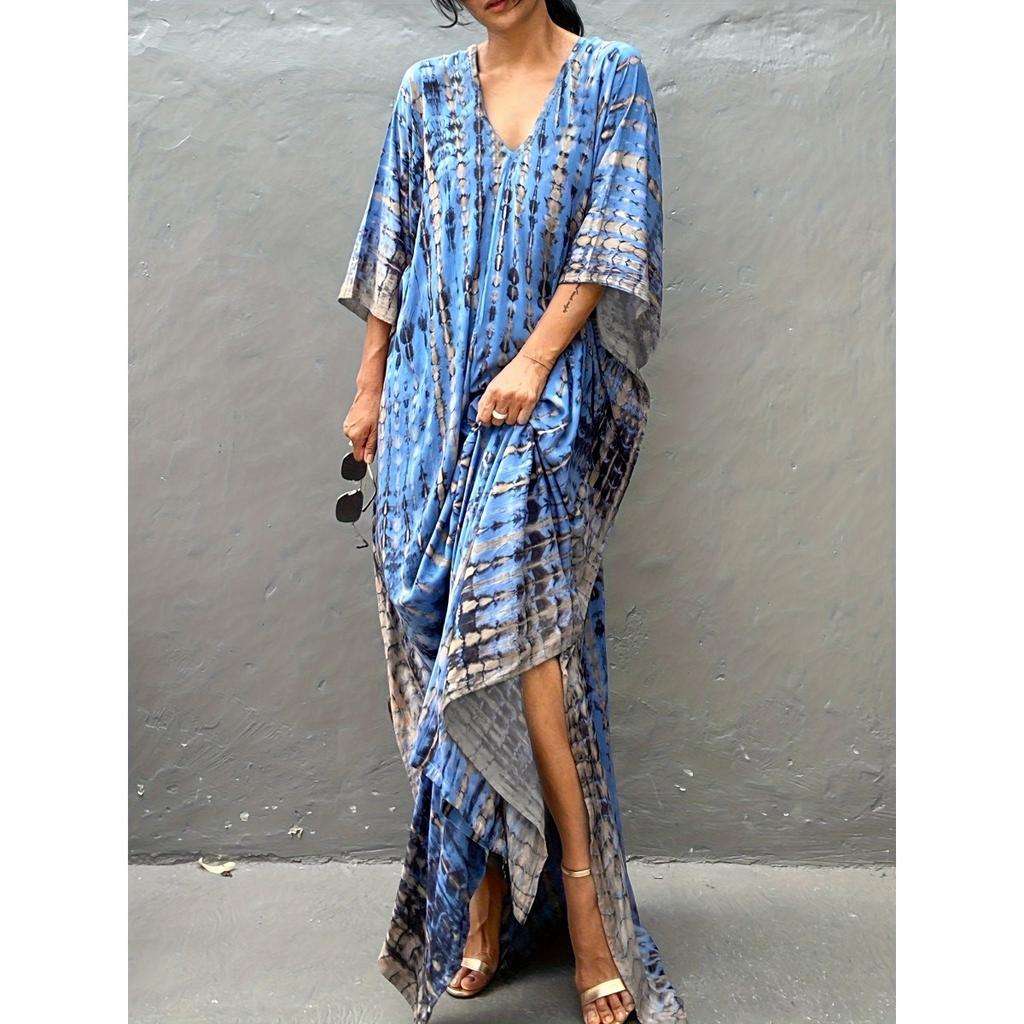 Plus Size Boho Cover Up, Women's Plus Striped Batwing Sleeve V Neck Split Maxi Kaftan Cover Up Dress