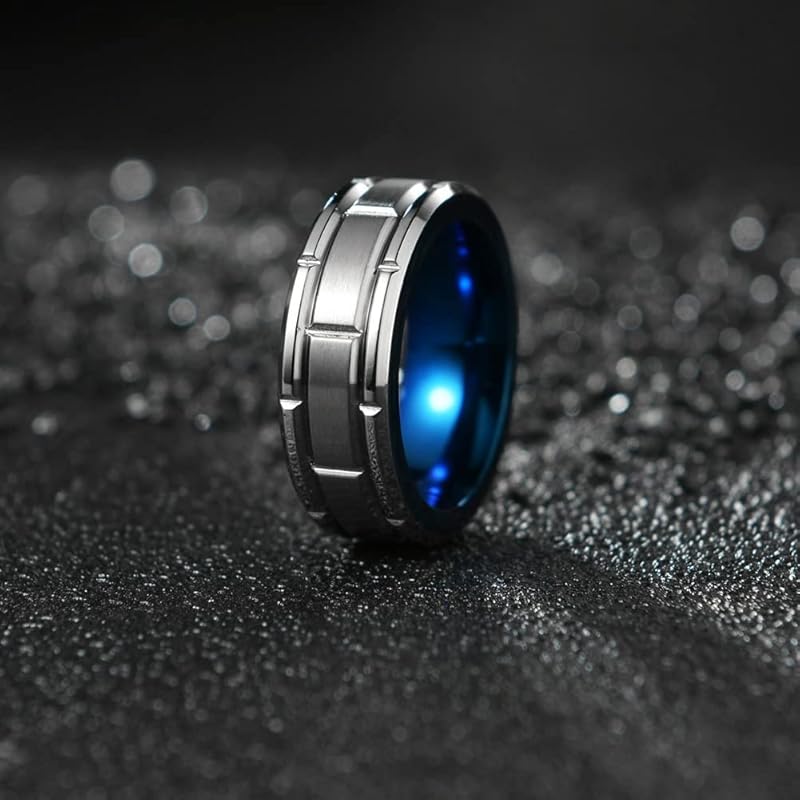 [Rockyu] tungsten ring silver blue ring men's Fashionable navy blue Metal allergy free mud texture Carbide Durability matte Multifaceted cut