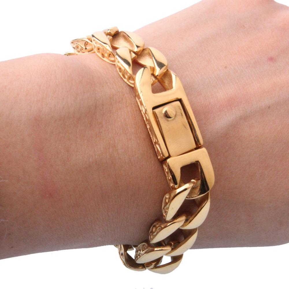 Arrive Fashion Jewelry Stainless Steel Gold Color Cuban Curb Chain Mens Boys Bracelet Bangle 12mm