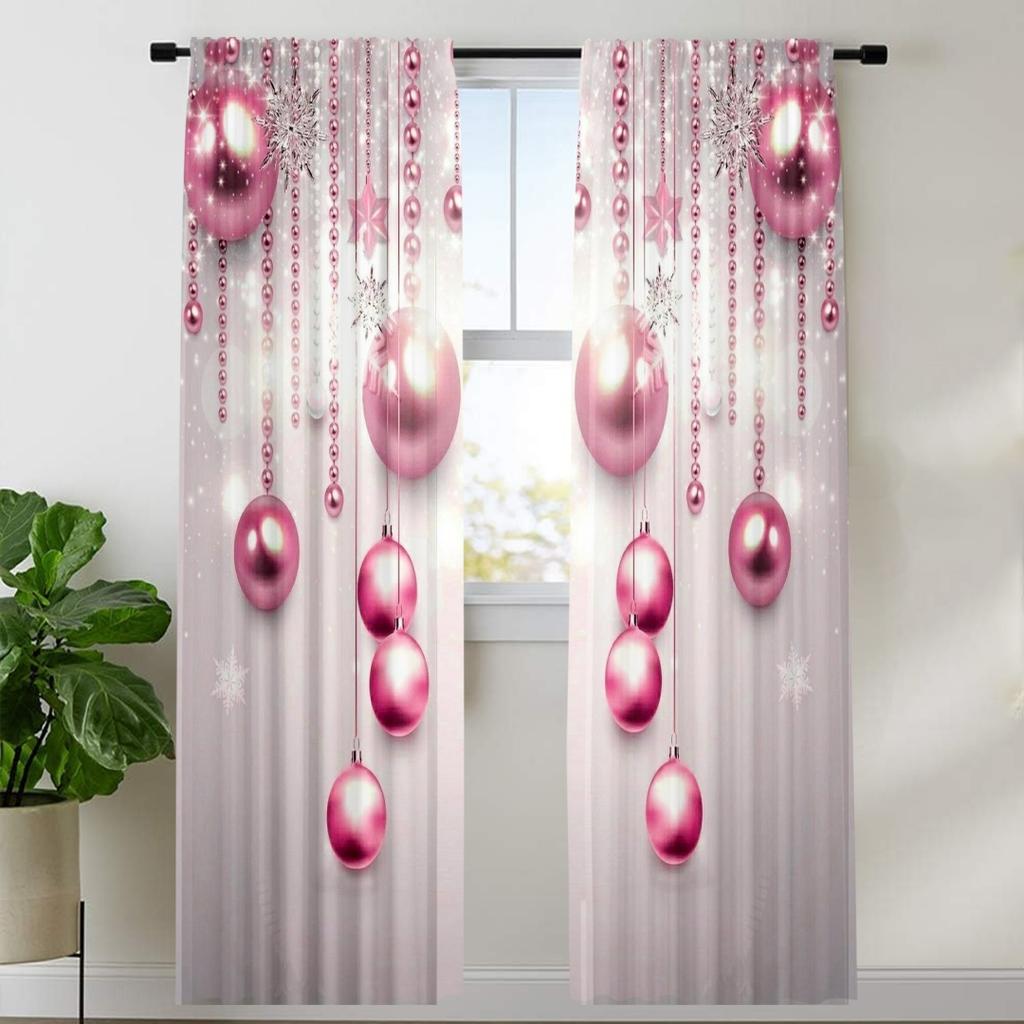 2PCS Merry Christmas Red New Year Gold Ball White Snowflake Light Filtering Curtains for Living Room Bedroom Window Drape Decor