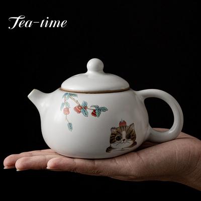 Керамический чайник Cute Cat Ru Kiln, 250 мл, одиночный горшок Xishi ручной работы, открытый горшок для поднятия фарфорового чайника с фильтром, подарки