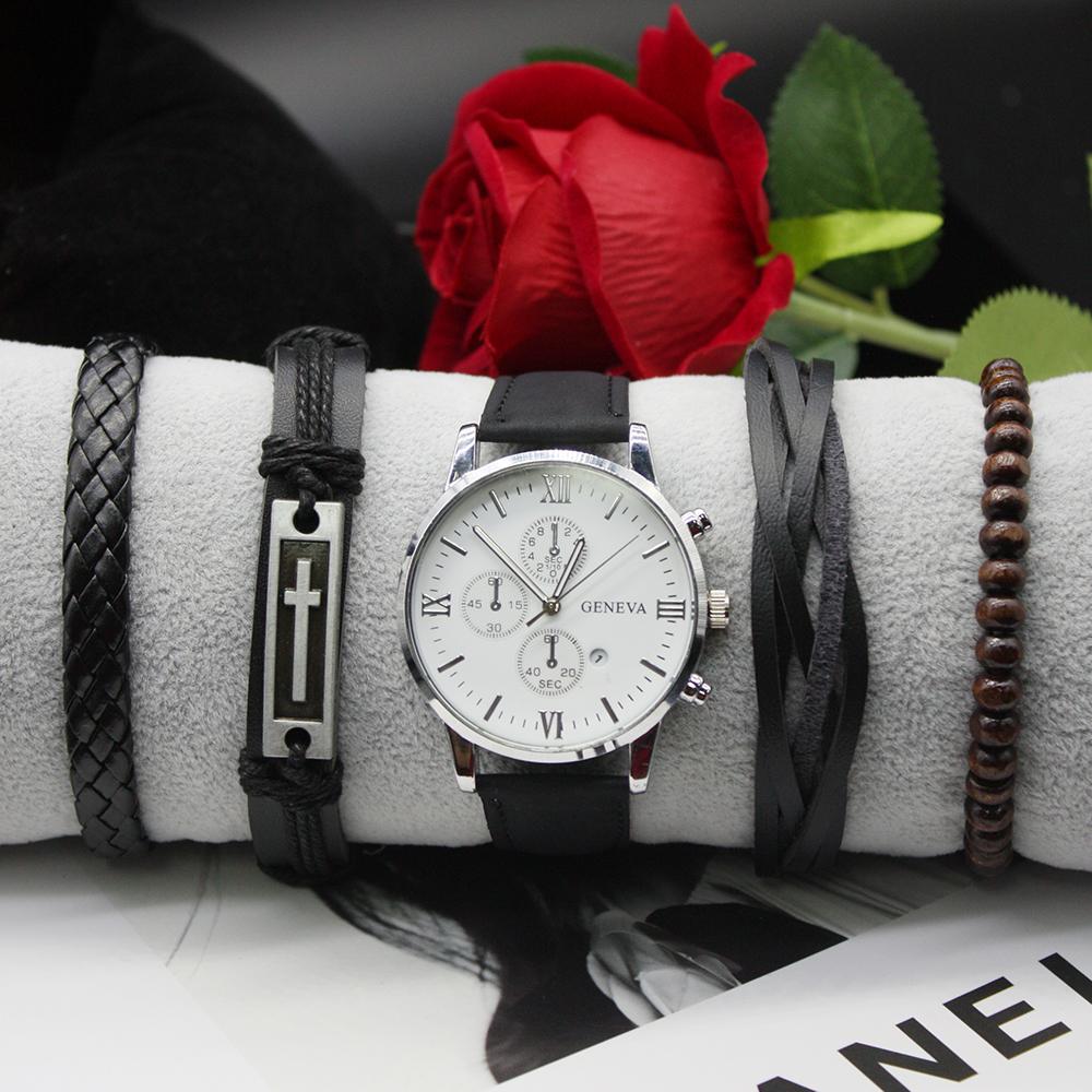 Набор из 5 предметов Мужские повседневные спортивные часы с круглым циферблатомМужские классические часы с браслетом в коробке для занятий спортом на открытом воздухе