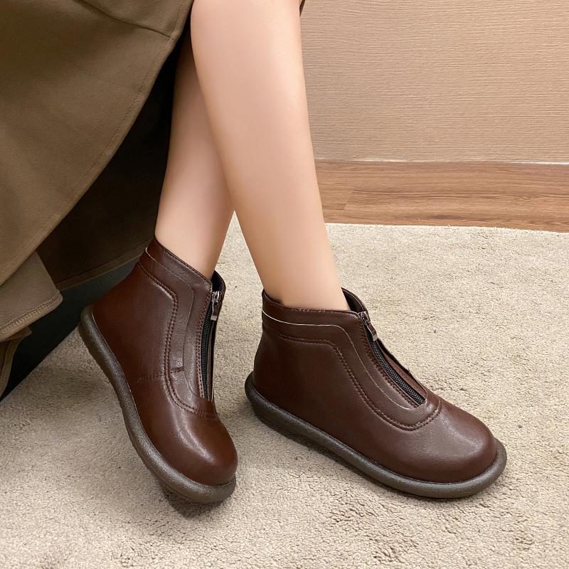 2024 Новые модные женские ботильоны на осень и зиму с застежкой-молнией спереди, удобные, с круглым носком, однотонные, на низком каблуке, модные ботинки