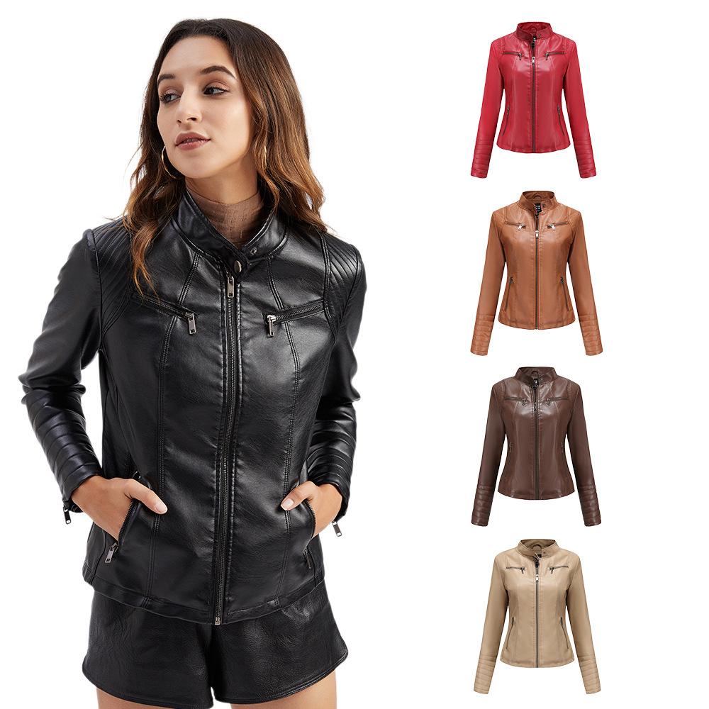 Women's European & American Spring/Autumn Leather Motorcycle Jacket - Stylish Short Design
