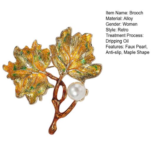 Женская брошь в форме клена с эмалью, капающей маслом, искусственный жемчуг, декор в стиле ретро, противоскользящая полировка