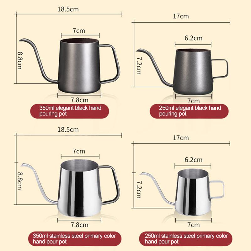 250ml/350ml/600ml Coffee Kettle Silver Black Food Grade Stainless Drip Pot Long Thin Mouth Kettle Tea Pot Non-stick Coating Home