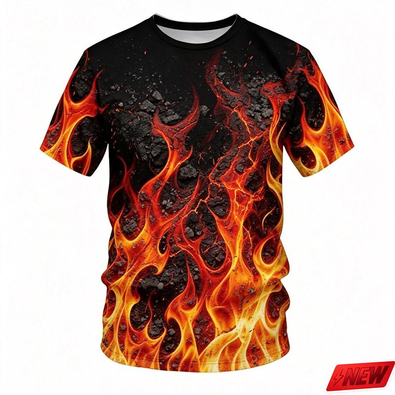 Men's 3D Color Flame Printed T-shirt for Summer Casual and Comfortable Short Sleeved Top, Fashionable Street Round Neck Clothing