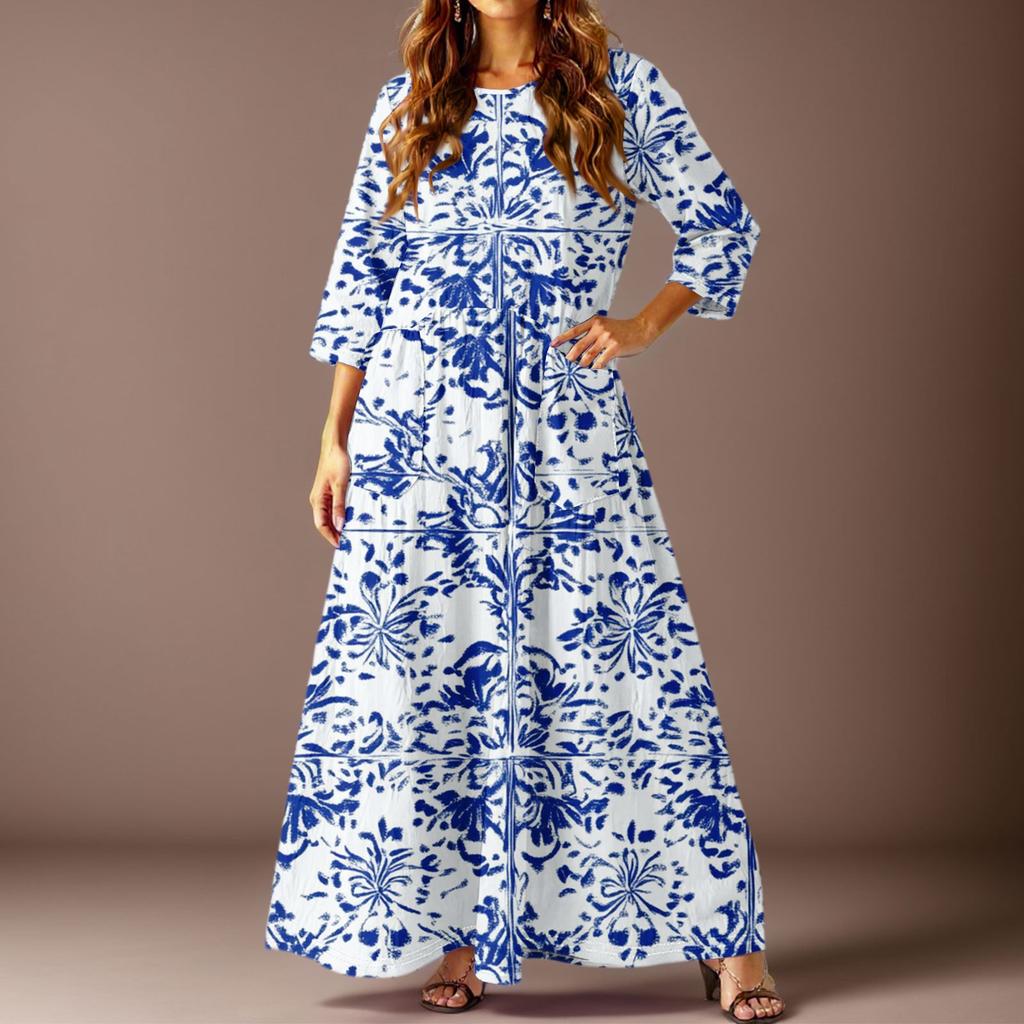 Женское повседневное модное платье с цветочным принтом, рукавом три четверти и карманами