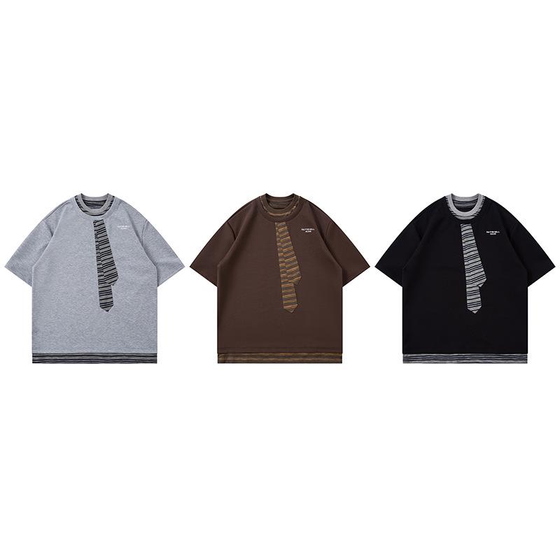 Men's Casual Short Sleeve Color Block Crew Neck T-Shirt with Embroidered Tie Design