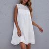 Sleeveless Summer White Dress Women Sweet Fresh Stand Collar Loose Dress Fashion Ruffle A-line Hook Flower Hollow Lace Dress 26623