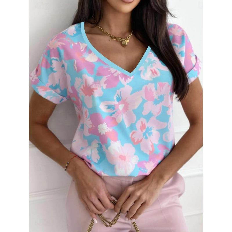 Summer Fresh Flower Print Elegant V-neck Short Sleeved Women's Commuting T-Shirts Women’s