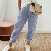 Women Casual Pants Elastic Waist Mid-rise Summer Jacquard Long Pants with Pockets Striped Print Loose Fit Trousers