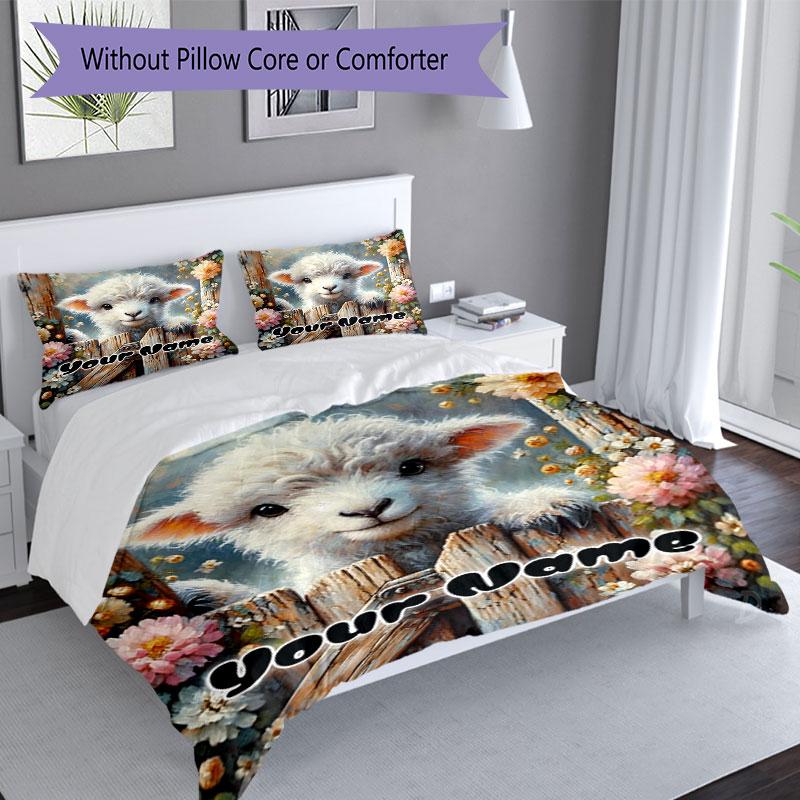 3PC Custom Name Lamb Garden Bedding Set Printed Bedding Set Duvet Cover Closure Includes 1 Duvet Cover & 2 Pillowcases for All Seasons Bedroom