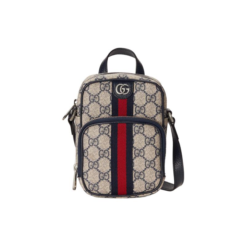 Gucci Ophidia Double G logo zipper closure, canvas and leather trim, messenger bag, camera bag, hand-held shoulder crossbody bag, mini women's blue
