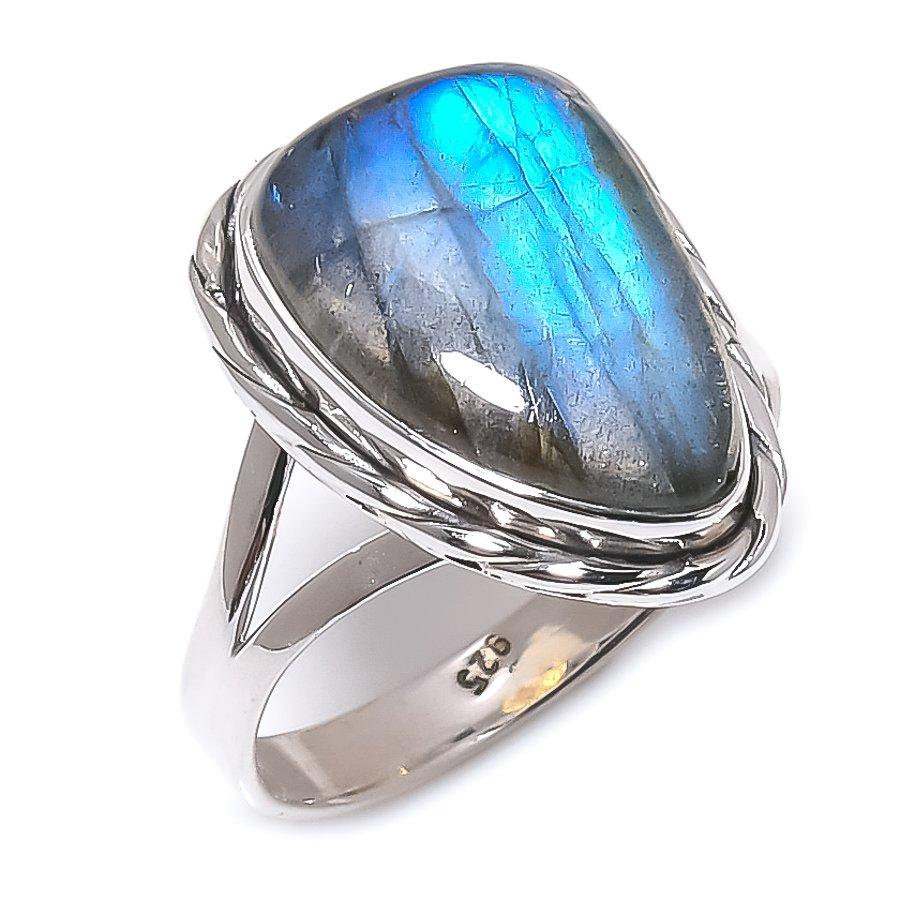 Ювелирное кольцо из твердого серебра 925 пробы с натуральным лабрадоритом ручной работы S.9.5 O5Q99