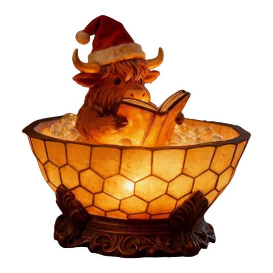 Highland Cow Bubble Bath Night Light Cute Highland Cow Reading Book Lamp 3D Resin Bathtub Highland Cow Sculpture for Indoor Desk Table Shelf Fireplace