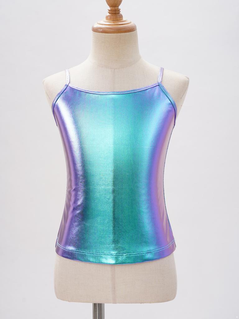 Блестящий топ-майка металлического цвета на тонких бретельках для девочек для танцевальных соревнований, выступлений на сцене