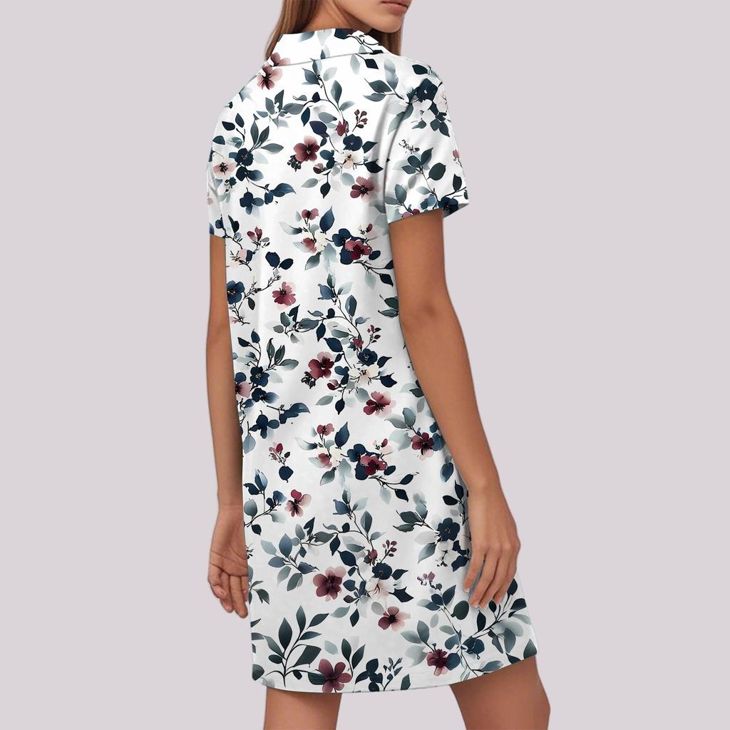 Women's Casual Fashion Lapel Floral Print Dress Short Sleeve V Neck Short Skirt