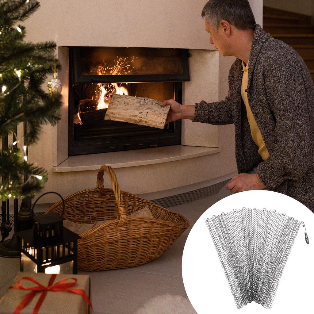 2Pcs Fireplace Screen Panels Black Iron Mesh Curtains Spark Guard Protect Carpet Floor Hearth Mesh Screens Fireplace Screen
