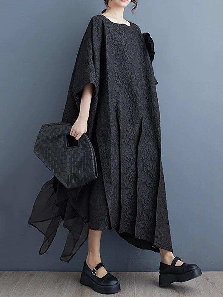 Xitao Gauze Patchwork Batwing Sleeve Dresses Asymmetrical Loose Dress DMJ3845