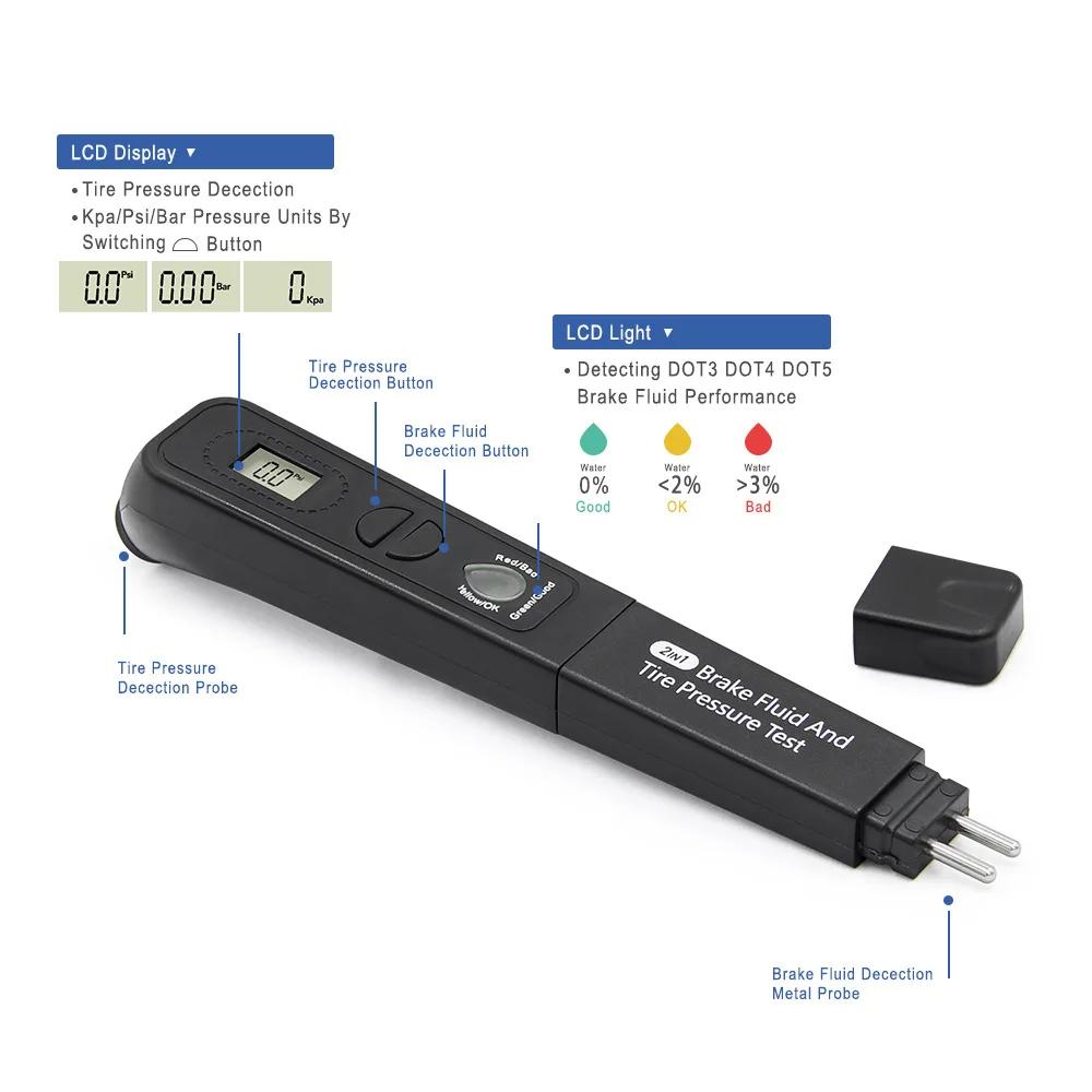 Brake Fluid Tester Tire Pressure Monitoring Meter Two In One Brake Fluid Water Content Test Pen Brake Fluid Test Pen
