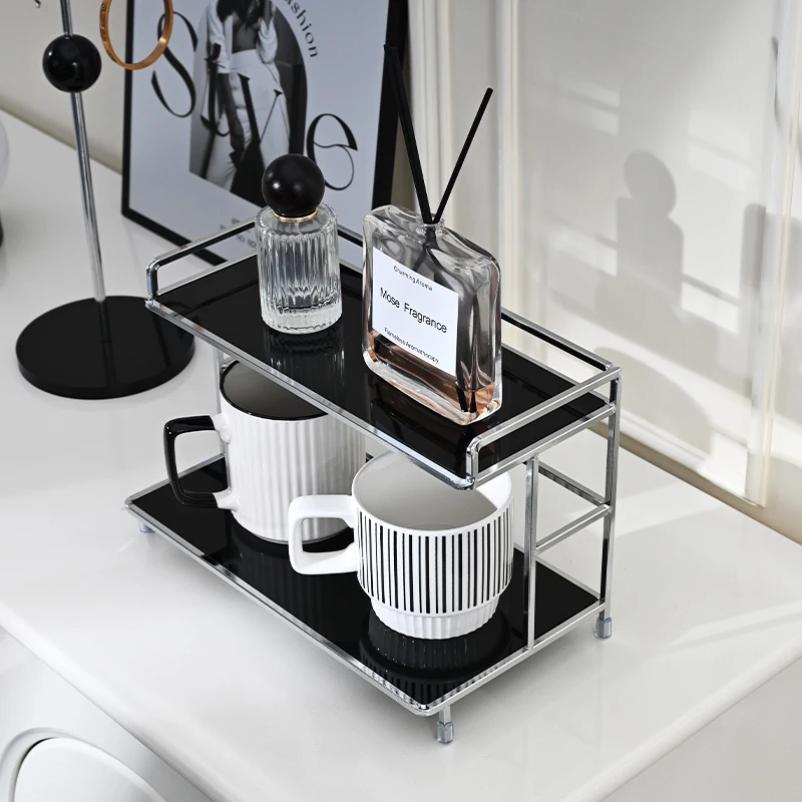 Metal Desktop Layered Storage Rack, Double-Layer Desk Storage Rack, Water Cup and Coffee Cup Storage Rack,