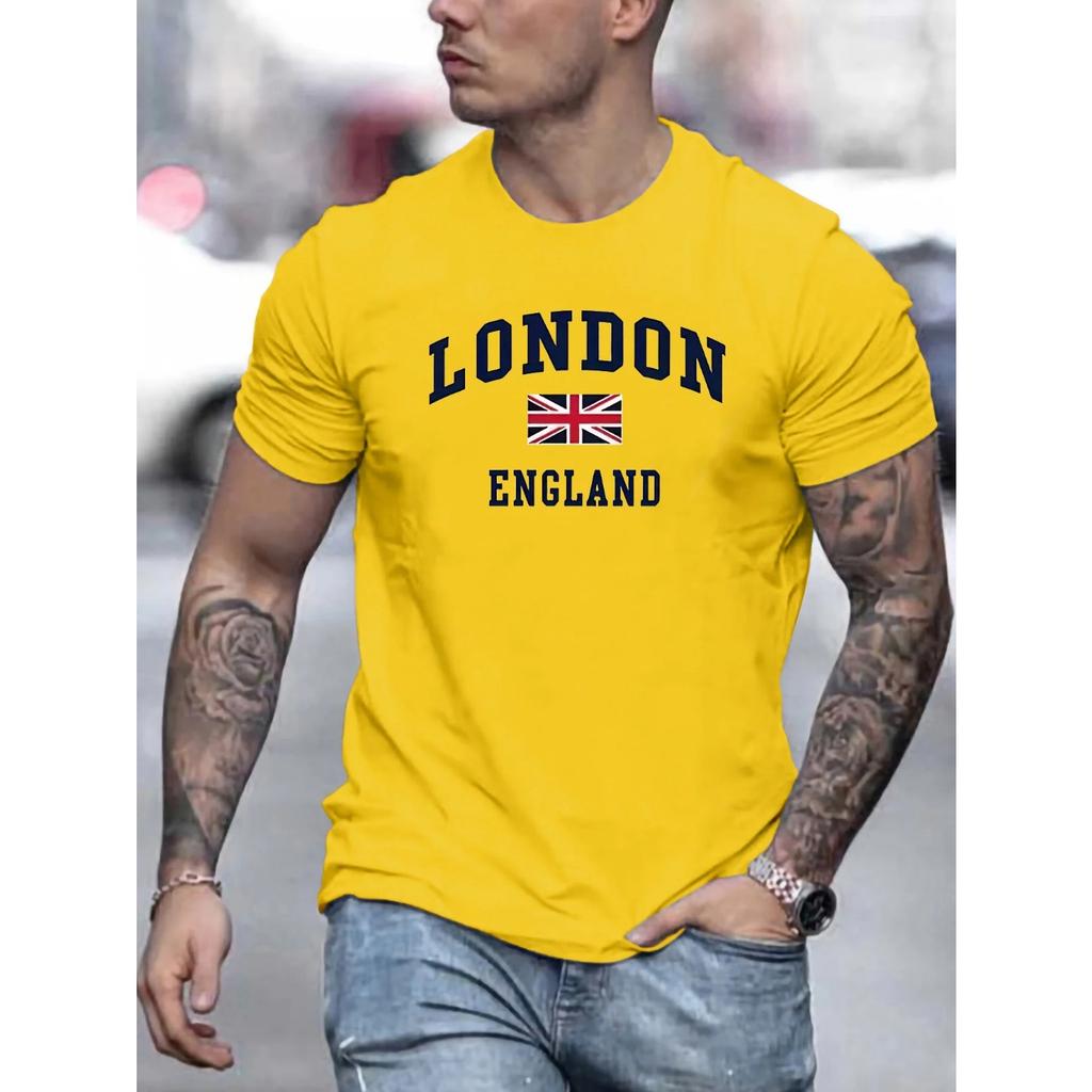 Summer Men's 100% Pure Cotton Casual Loose Fit Plus Size London England Pattern Printed Round Neck Short Sleeved T-shirts