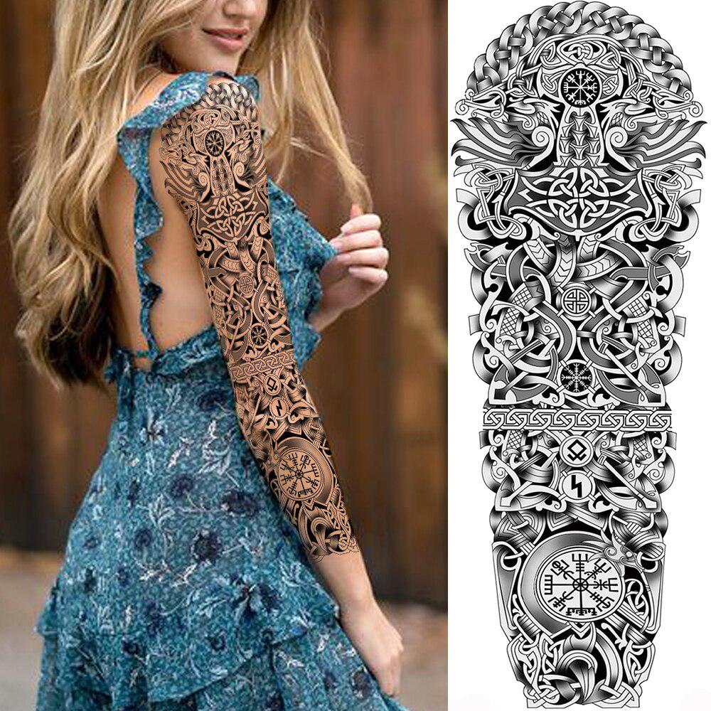 Sketch Compass Rose Flower Temporary Tattoos For Men Women Full Arm Sleeve Fake Tattoo Sticker Decor