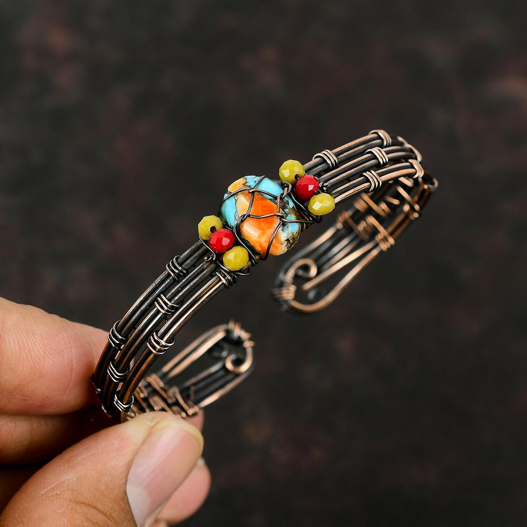 Колючая устрица, медная бирюзовая манжета, желтые и красные коралловые бусины, браслет из медной проволоки, ювелирные изделия, регулируемая манжета, браслет из драгоценных камней, манжета ручной работы