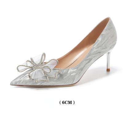 Остроконечные серебряные туфли на высоком каблуке, свадебные туфли, женские туфли на тонком каблуке, туфли на одинарной подошве с бантиком.