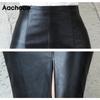 Aachoae черная юбка из искусственной кожи женская, новинка 2023 года, миди, сексуальная облегающая юбка с высокой талией и разрезом, офисная юбка-карандаш длиной до колена, большие размеры