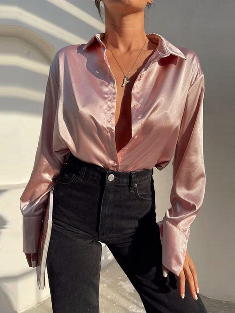 Женские 2022 элегантные атласные однотонные блузки с длинными рукавами, женские шикарные винтажные сине-зеленые повседневные свободные рубашки на пуговицах, топы